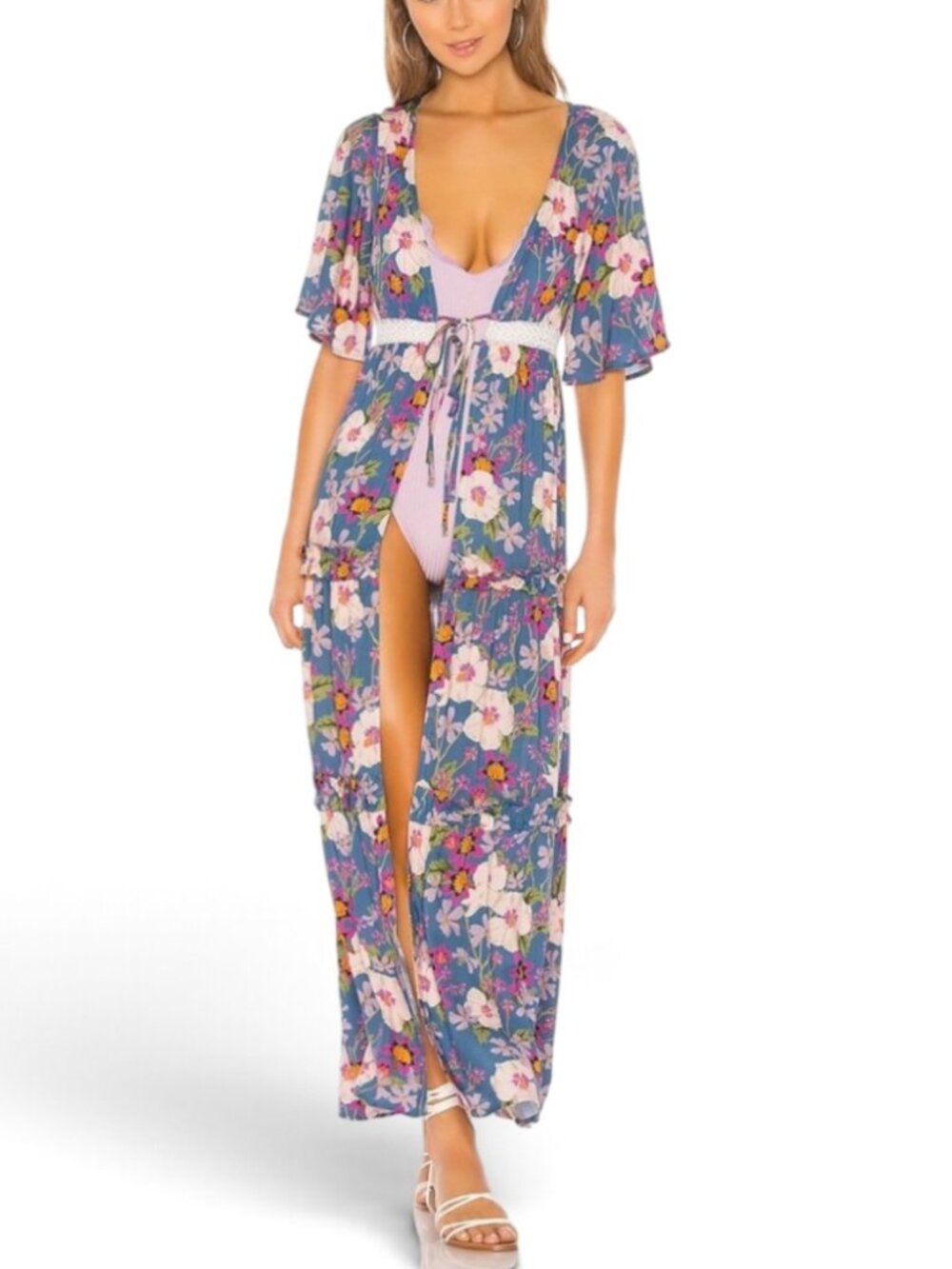 Tularosa Robe Blue Floral Crochet Accents Tie Front Women's sz M Boho Romantic